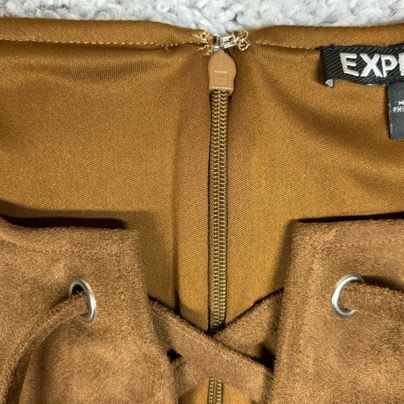 Express Dress Womens 2 Lace Up Neck Faux Suede Camel Mini Western Country Party - Picture 4 of 8